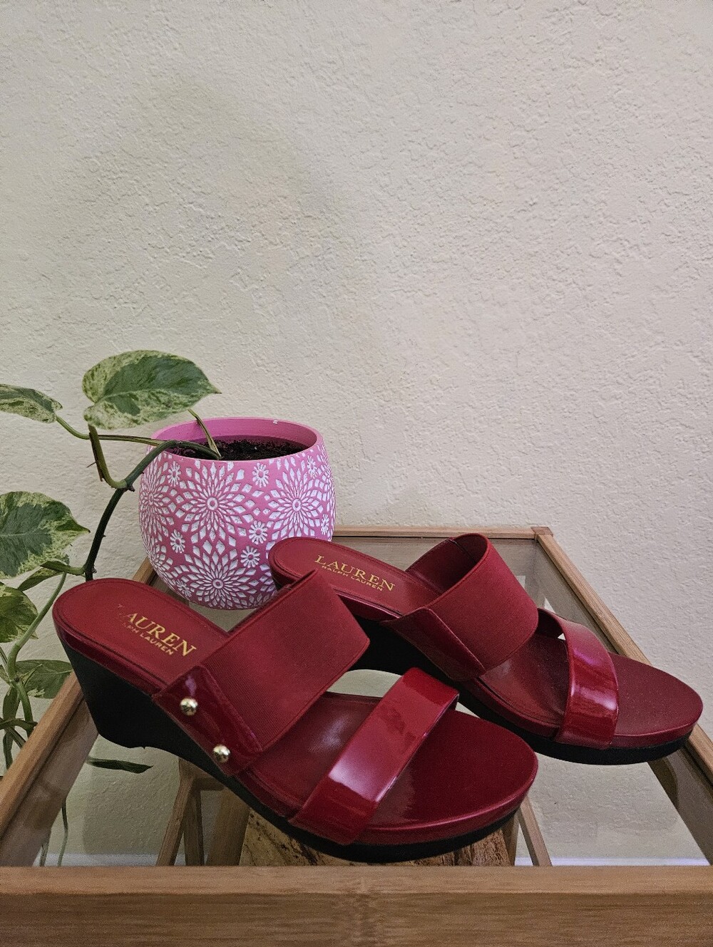 Ralph Lauren Rhianna Red Strap slide Wedge Sandal Sz 6.5b